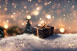 Illustration of a pretty christmas gift box on snow in front of a snowy bokeh background. Content is created with generative ai