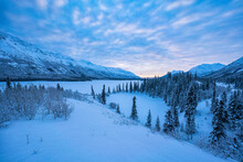 Stunning Snowy Landscape With Sunrise Over Annie Lake In Winter; Whitehorse, Yukon, Canada
