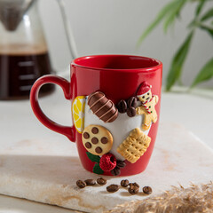 hand made decorative design coffee cup with gingerbread figure