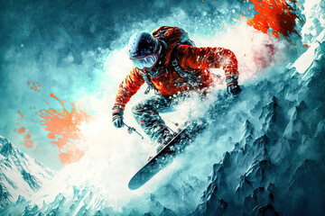 Snowboard Wintersport Extrem Abfahrt Downhill Competition Wettbewerb Tiefschnee Abfahrt Generative AI Technology Digital Art Illustration