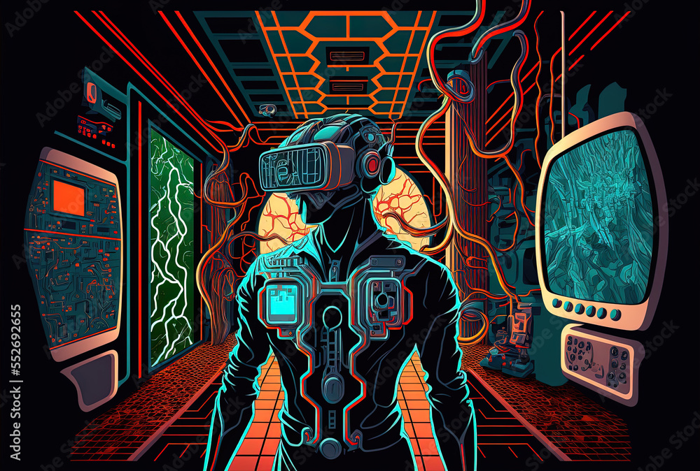 Virtual reality with network gaming and simulation in the Metaverse backdrop image for a video game featuring a sci fi ai robot. Generative AI
