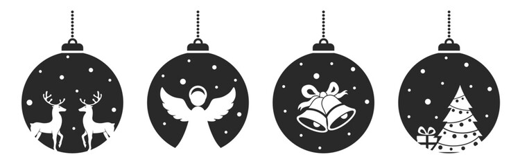 Wall Mural - Christmas ball icon set. angel, deers, bells and fir tree. vector element for New Year, Christmas and winter design