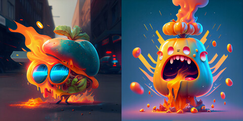 Wall Mural - Funny food character design, fire and flames, abstract composition, collection