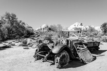 Old Antique Car Wrecks From The Old Gold Rush Time In Joshua Tree National Park