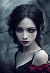 Mystical creepy woman with frightening makeup. Gothic mystery woman. Generative AI