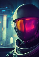 Wall Mural - Portrait of an fictional astronaut in a spacesuit. High-tech astronaut from the future. The concept of space travel. Generative AI