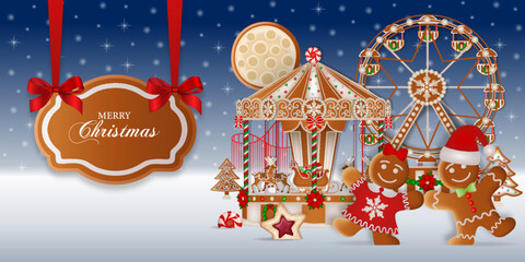 Wall Mural - christmas background with gingerbread cookies. gingerbread landscape with funfair, gingerbread man and gingerbread woman