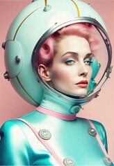 Wall Mural - Portrait of an fictional vintage astronaut in a spacesuit. High-tech astronaut from the future. The concept of space travel. Generative AI