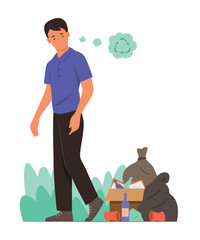 Wall Mural - Man Looking Pile of Garbage on Pathway and Thinking of Recycle