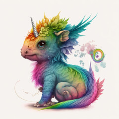 Cute rainbow baby dragon with unicorn horn