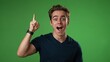 © Robert Peak - portrait of thinking, smart puzzled pensive young hipster man 20s looks around thinks comes up with ideas raised finger isolated on green screen background studio copy space