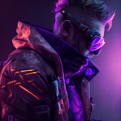 Wall Mural - Portrait of a sci-fi cyberpunk man. High-tech futuristic man from the future. The concept of virtual reality and cyberpunk. Generative AI.