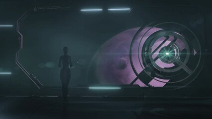 Wall Mural - robot aboard a spaceship in orbit of planet, 3d render