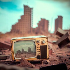 An old TV lying on the ruins of a house. A post-apocalyptic ruined city. Destroyed buildings, mountains of rubble and debris. The concept of the apocalypse. Generative AI