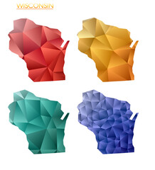 Wall Mural - Set of vector polygonal maps of Wisconsin. Bright gradient map of us state in low poly style. Multicolored Wisconsin map in geometric style for your infographics. Authentic vector illustration.