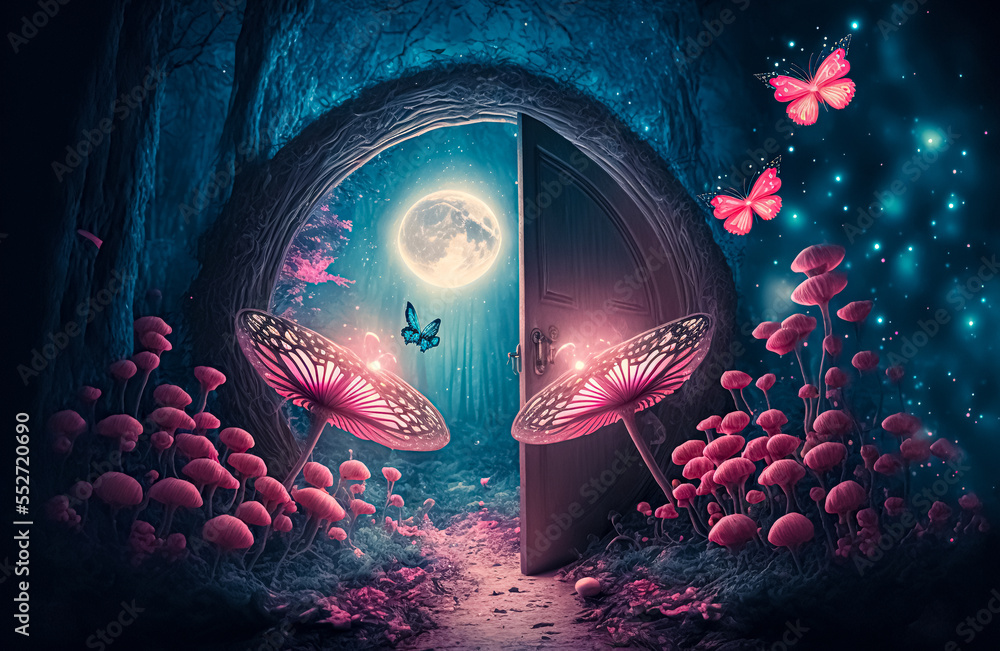 Fantasy enchanted fairy tale forest with magical opening secret door ...