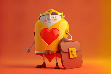 Character mascot with an orange travel bag and a red metal shield on a yellow backdrop. Generative AI