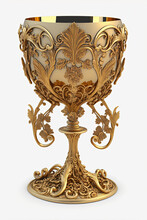 Antique Ornate Golden Cup Chalice Goblet On A White Background With Rococo Vintage Engraving Fancy