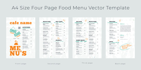 Wall Mural - Restaurant cafe menu, template design,
a4 size, four page food menu template