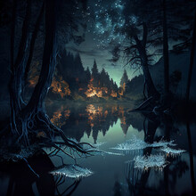 A magical forest by a lake at nighttime created with generative AI technology
