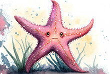 A Watercolor Depiction Of Pink Starfish, A Marine Invertebrate That Lives On The Sea Floor. Generative AI