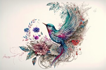 Wall Mural -  a bird with a flower and leaves on its back flying in the air with its wings spread out and wings spread out. Generative AI