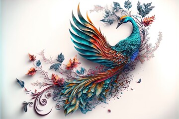 Poster -  a colorful bird with a long tail and wings is surrounded by leaves and flowers on a white background with a blue border. generative ai