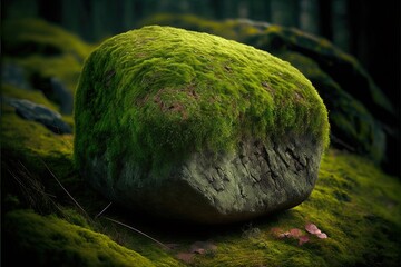  a moss covered rock sitting on top of a lush green field of grass and rocks in the background. Generative AI