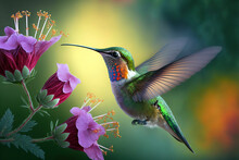 Hummingbird Flying To Pick Up Nectar From A Beautiful Flower. Digital Artwork