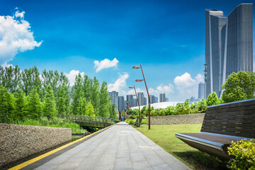 Poster - Modern city buildings, park foreground