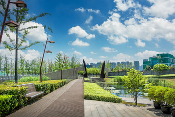 Wall Mural - Modern city buildings, park foreground