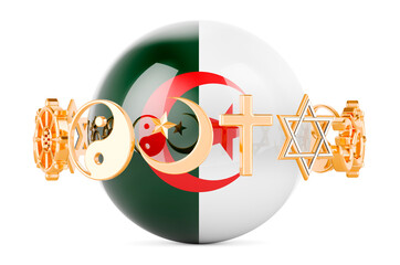 Algerian flag painted on sphere with religions symbols around, 3D rendering