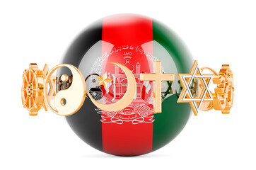 Wall Mural - Afghan flag painted on sphere with religions symbols around, 3D rendering