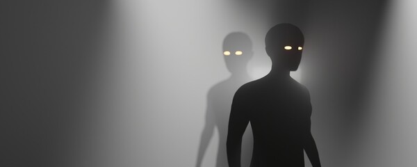 Wall Mural - humanoids with glowing eyes in foggy scene. 3d rendering illustration of scary human silhouette in d