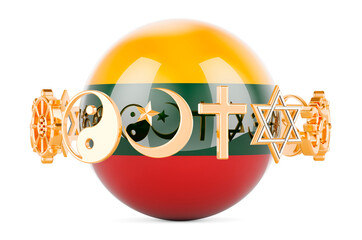 Lithuanian flag painted on sphere with religions symbols around, 3D rendering