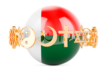 Wall Mural - Madagascar flag painted on sphere with religions symbols around, 3D rendering