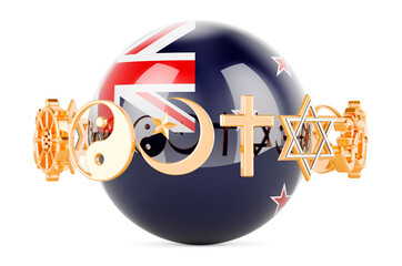 Wall Mural - New Zealand flag painted on sphere with religions symbols around, 3D rendering