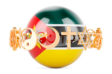 Mozambican flag painted on sphere with religions symbols around, 3D rendering