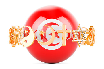 Tunisian flag painted on sphere with religions symbols around, 3D rendering