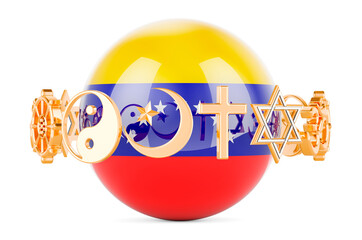 Wall Mural - Venezuelan flag painted on sphere with religions symbols around, 3D rendering