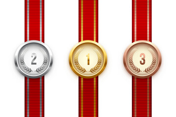 Red ribbon set with grosgrain texture and gold, silver and bronze 3d medals for champion