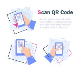 Wall Mural - qr code scanning process,code and text on the screen,hand holding a smartphone