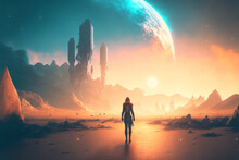 Lonely Person With A Backpack Walking On A Other Planet, Sunset, Discovery
