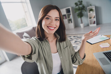 Poster - Photo of attractive positive person sitting chair make selfie recording video spacious office indoors