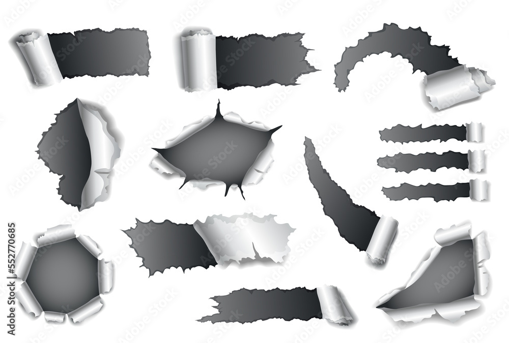 Paper hole collection of gray torn paper. Torn sides over dark paper ...