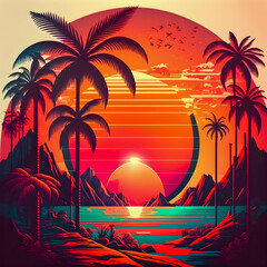 Synthwave sunset,  landscape with palm trees, retro wave illustration