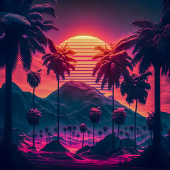 Synthwave sunset,  landscape with palm trees, retro wave illustration Generative AI