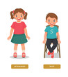 Opposite adjective antonym words sit and stand illustration of little boy sitting on a chair and girl standing explanation flashcard with text label