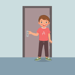 Wall Mural - Cute little boy closing the door