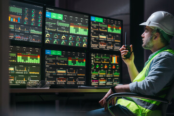 Head engineer following the factory process using Industry 4.0. Facility operator control production uses computer screens with SCADA system